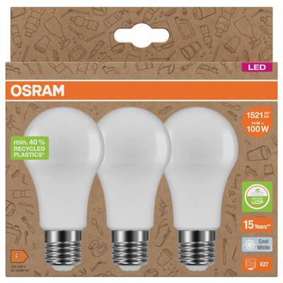 Verpackung für drei OSRAM LED-Leuchtmittel, gekennzeichnet mit 14W = 100W, 1521 Lumen, Kaltweiß, E27, mit 40% recycelten Kunststoffen und Angaben zur 15-jährigen Lebensdauer.