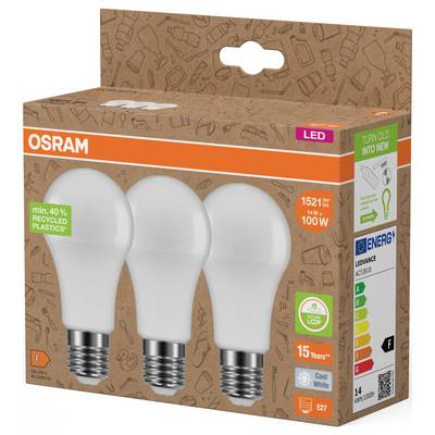 OSRAM LED-Glühbirnen-Packung mit drei Birnen, gekennzeichnet mit 14W entspricht 100W, 1521 lm, E27, Kaltweiß und 15 Jahre Lebensdauer.
