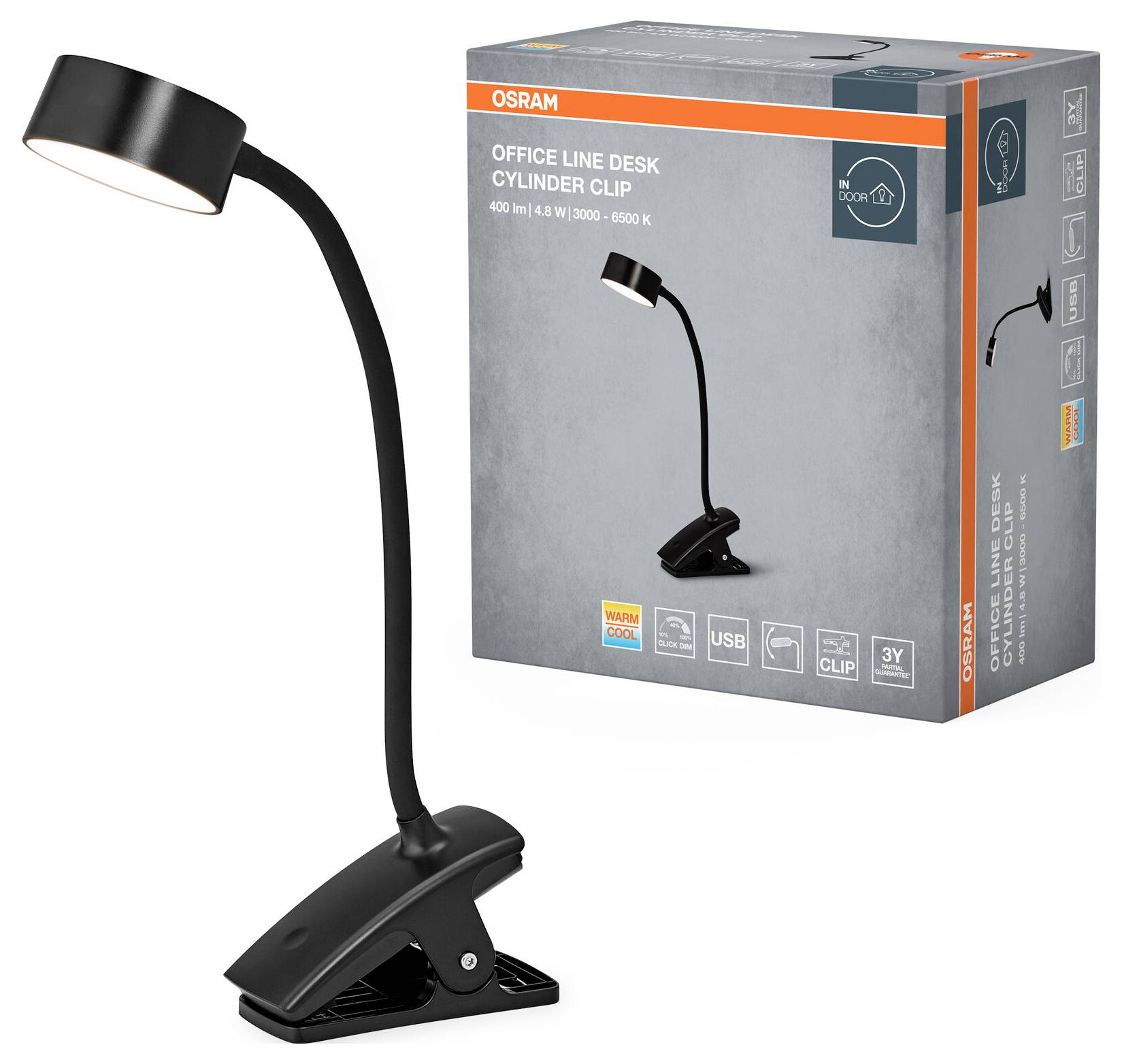 OSRAM HOMELIGHTING Office Line Desk Cylinder Clip 4.8W TW Dimmable Black 4099854464294 Schreibtischleuchte LED 4.8 W Sch-1