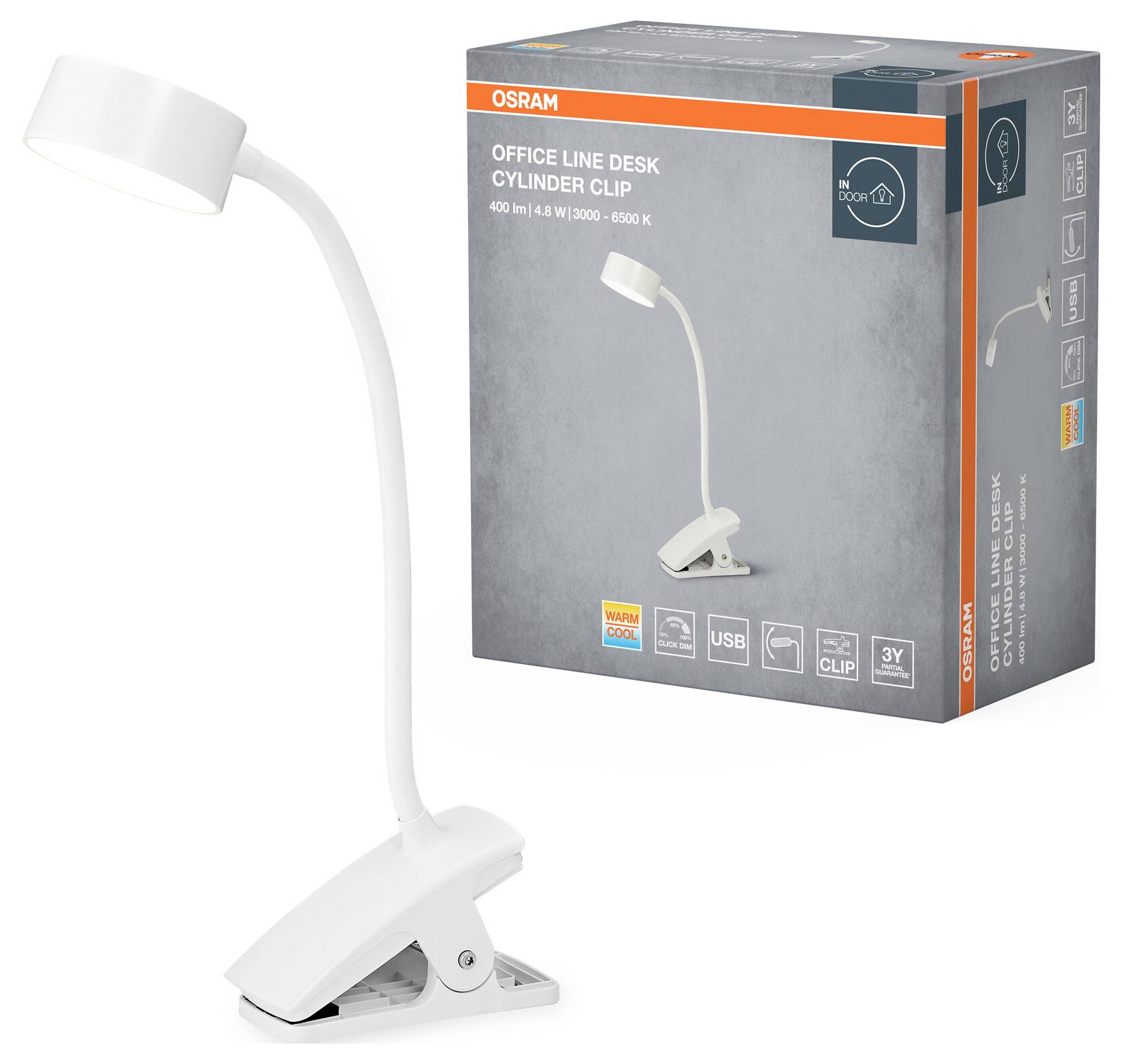 OSRAM HOMELIGHTING Office Line Desk Cylinder Clip 4.8W TW Dimmable White 4099854464317 Schreibtischleuchte LED 4.8 W Wei-1