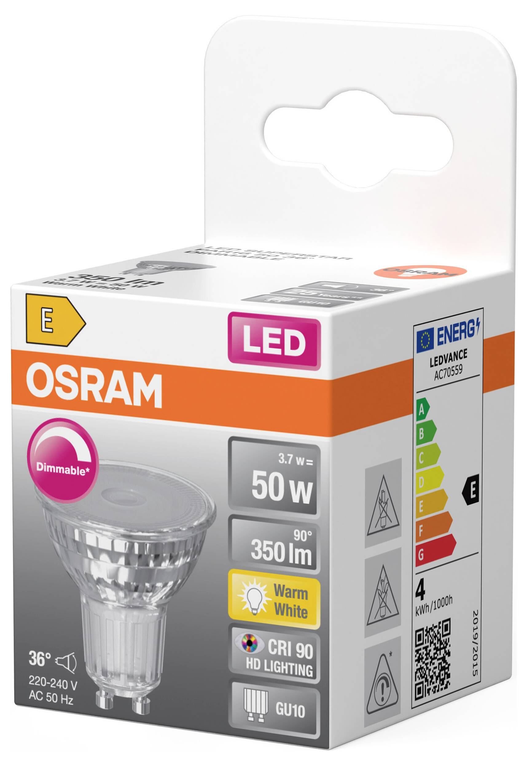 OSRAM HOMELIGHTING 4099854457487 LED-Reflektorlampe EEK E (A - G) GU10 3.7 W Warmweiß (Ø x H) 50.00 mm x 50.00 mm 1 St.-2