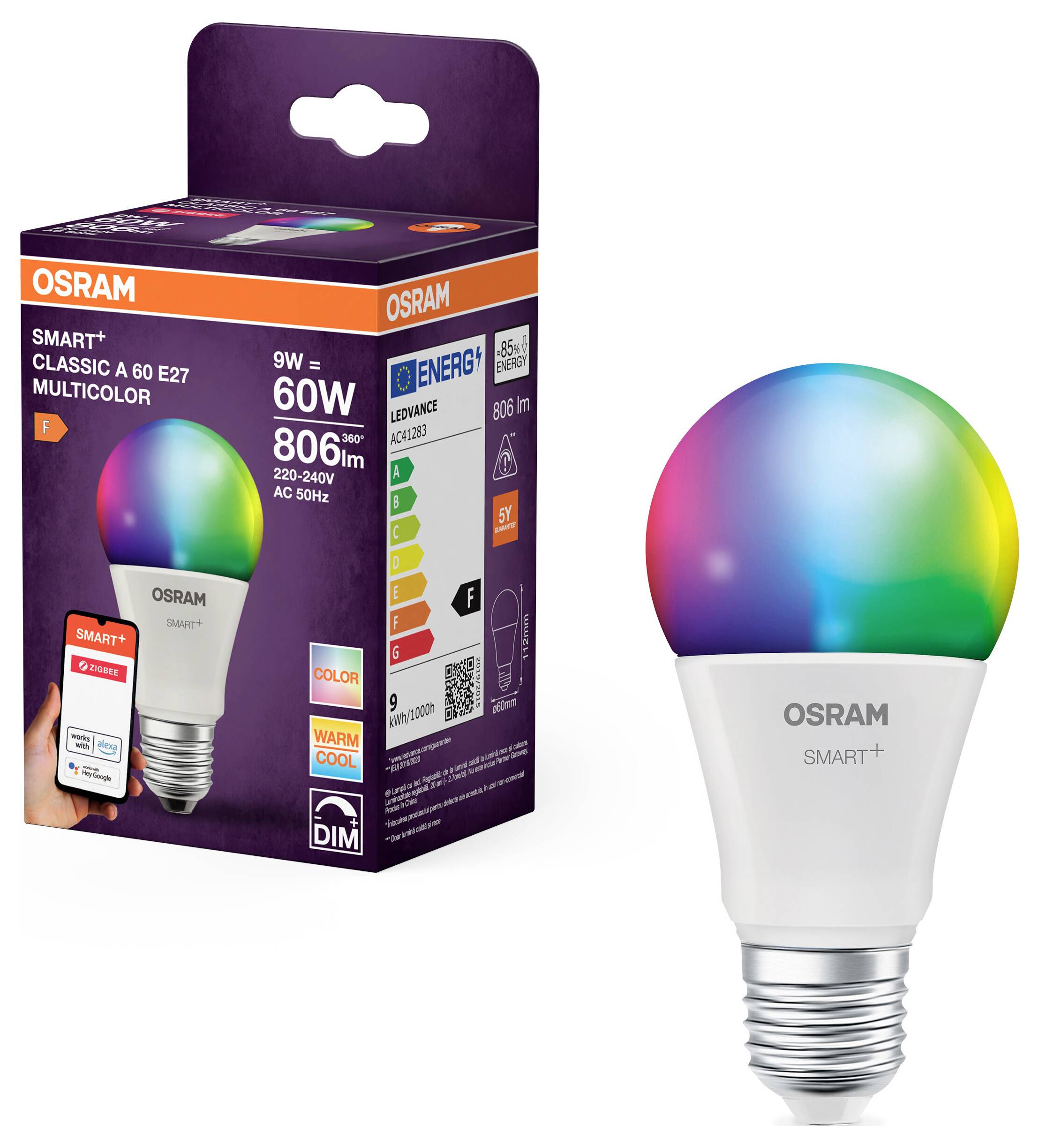 OSRAM HOMELIGHTING 4099854460333 LED EEK F (A - G) E27 Kolbenform 9 W RGBW (Ø x H) 60.00 mm x 60.00 mm dimmbar 1 St.-1