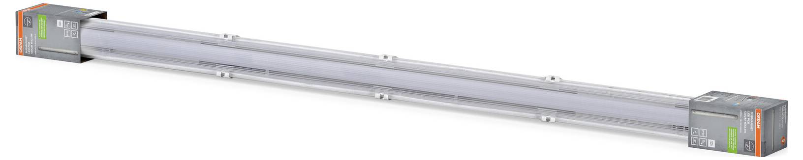 Langlinienförmiges LED-Leuchtenelement mit grauen Endgehäusen auf weißem Hintergrund.