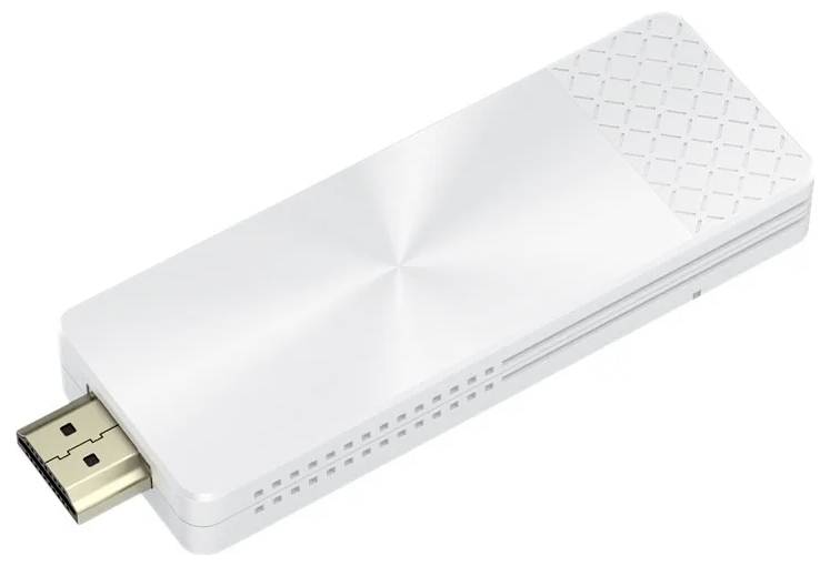 Ein weißer HDMI-Streaming-Stick mit einer strukturierten Oberfläche an einem Ende, entwickelt zum Anschluss an Fernseher oder Monitore für Medienstreaming.