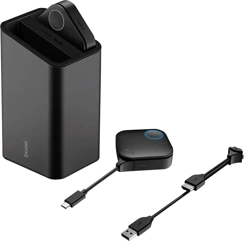 BenQ Wireless-Präsentationssystem mit einer schwarzen rechteckigen Basis, einem USB-C/USB-Adapter und einem kompakten Sender mit einem blauen Kreis.