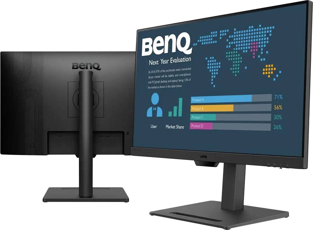 BenQ-Monitor zeigt ein Diagramm mit dem Titel "Bewertung für nächstes Jahr" mit einem Balkendiagramm, das die Marktanteile der Produkte zeigt: A (71%), B (56%), C (30%), D (26%).