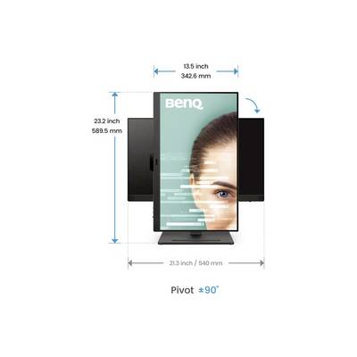 BenQ-Monitor im Hochformat mit Abmessungen: 13,5 x 23,2 Zoll. Rotiert um 90 Grad.