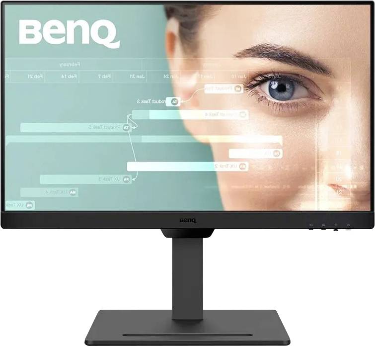 Ein BenQ-Monitor, der einen Nahaufnahme eines Frauengesichts mit digitaler Schnittstellengrafik-Überlagerung zeigt und eine technologische Integration andeutet.
