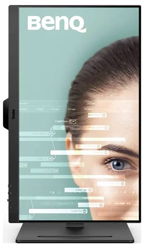 Ein vertikaler BenQ-Monitor zeigt das Gesicht einer Frau auf dem Bildschirm, umgeben von schwebenden Grafiken und Text. Der Rahmen verfügt über haptische Tasten.