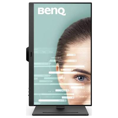 Ein vertikaler BenQ-Monitor zeigt das Gesicht einer Frau auf dem Bildschirm, umgeben von schwebenden Grafiken und Text. Der Rahmen verfügt über haptische Tasten.