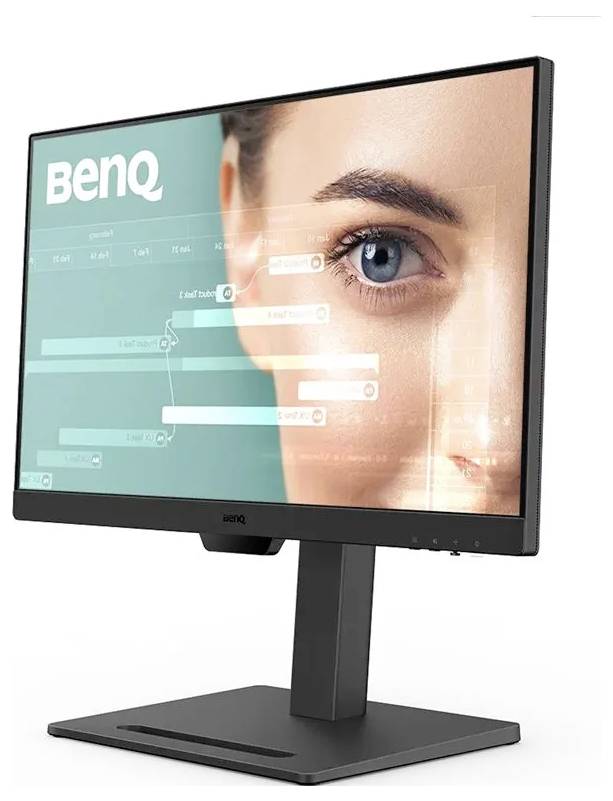 Ein Computermonitor, der ein Nahaufnahme-Bild eines Frauengesichts mit digitalen Schnittstellengrafiken über ihrem Auge zeigt.