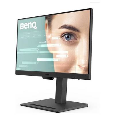 Ein Computermonitor, der ein Nahaufnahme-Bild eines Frauengesichts mit digitalen Schnittstellengrafiken über ihrem Auge zeigt.