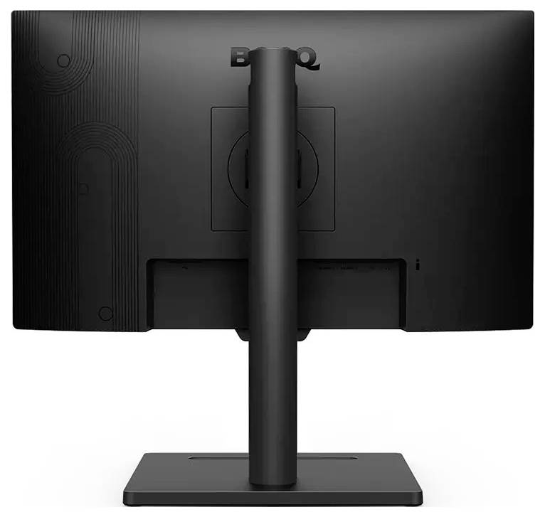 Ein schwarzer Computermonitor, von hinten betrachtet, der den Ständer und das Rückpanel mit subtilen Designmustern zeigt.