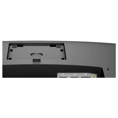 Rückansicht eines Monitors mit mehreren Eingangsbuchsen, darunter drei HDMI-Anschlüsse und ein DisplayPort, mit sichtbarem Befestigungsbereich für den Ständer.