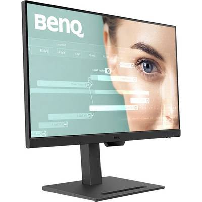 Ein Computermonitor, der einen Nahaufnahme eines Frauengesichts auf der rechten Seite zeigt, mit digitalen Grafiken und dem 'BenQ' Logo in der oberen linken Ecke.
