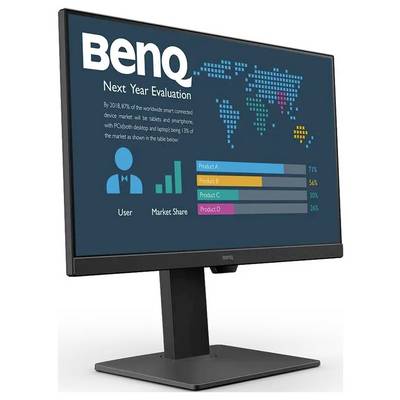 Ein Computermonitor zeigt eine Geschäftspräsentation mit einer Weltkarte, einem Balkendiagramm und Text über Marktanteile und Gerätetrends für das kommende Jahr.