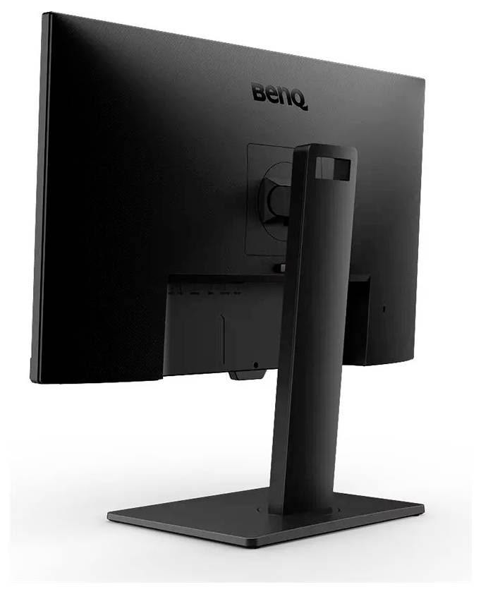 Schwarzer BenQ-Computermonitor von hinten betrachtet, der sein schlankes Design und den verstellbaren Ständer präsentiert.