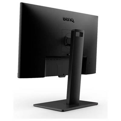 Schwarzer BenQ-Computermonitor von hinten betrachtet, der sein schlankes Design und den verstellbaren Ständer präsentiert.