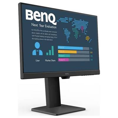 Monitor, auf dem eine "BenQ Bewertung für das nächste Jahr" Präsentation mit einer Weltkarte, einer Infografik mit Marktanteilsprozentsätzen und Produktbezeichnungen angezeigt wird.
