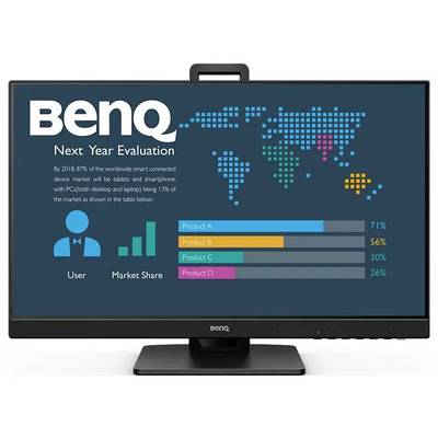 Monitor zeigt eine BenQ-Präsentation mit dem Titel "Bewertung für das nächste Jahr" mit einem Marktanteilsdiagramm: A 71%, B 56%, C 30%, D 26%.