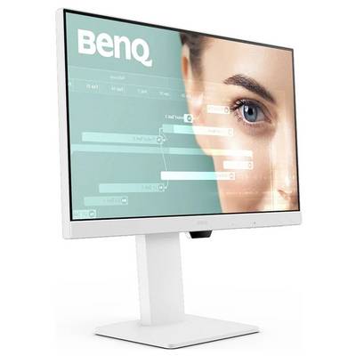 Eine Nahaufnahme eines BenQ-Computermonitors, der ein digitales Bild mit dem Gesicht einer Frau und verschiedenen Überlagerungselementen vor einem Türkishintergrund zeigt.