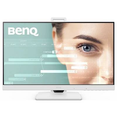 Ein Computermonitor, der ein großes Bild eines Frauenauges mit einem überlagerten Projektmanagement-Zeitplan zeigt. Der Bildschirm weist die Markierung 'BenQ' auf.