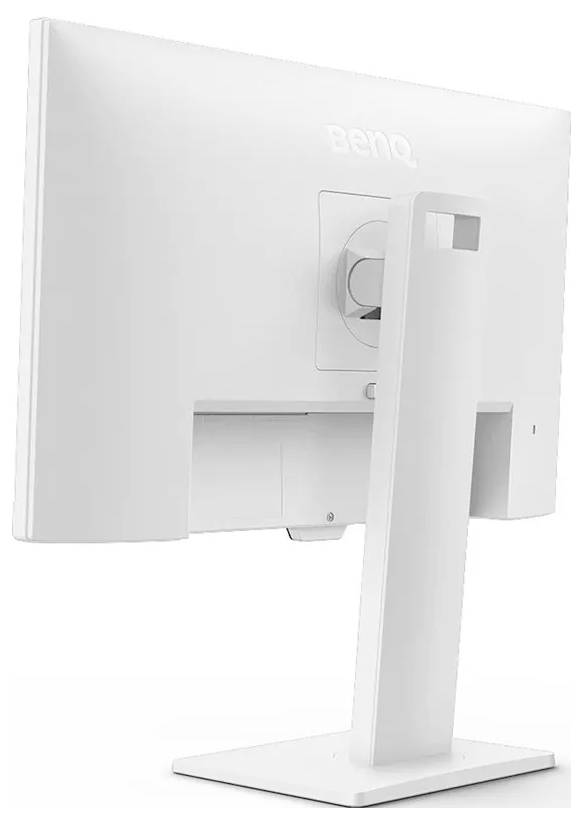 Ein weißer BenQ-Monitor, von hinten betrachtet, der seinen verstellbaren Ständer und sein elegantes Design zeigt.