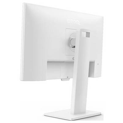 Ein weißer BenQ-Monitor, von hinten betrachtet, der seinen verstellbaren Ständer und sein elegantes Design zeigt.