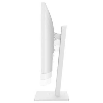 Seitenansicht eines schlanken, weißen Computermonitors auf einem Ständer, der sein elegantes und minimalistisches Design präsentiert.