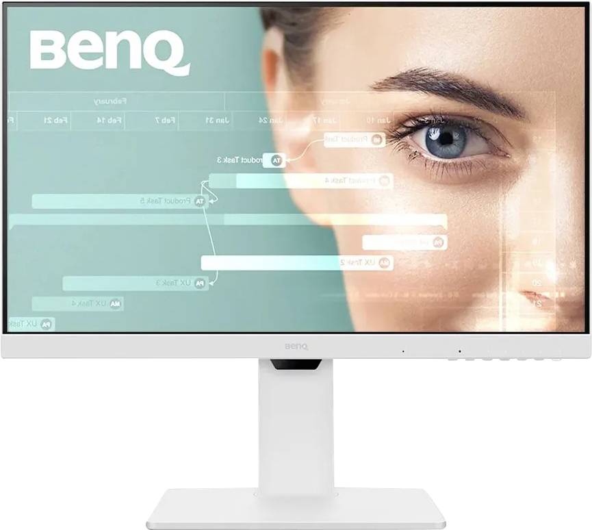 BenQ-Monitor, der eine Nahaufnahme eines Frauengesichts mit digitalen Schnittstellengrafiken zeigt und Technologie und Innovation andeutet.