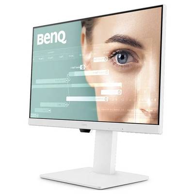 Ein weißer BenQ-Monitor zeigt ein Frauenauge neben einer Projektzeitlinie mit Balken und Meilensteinen und veranschaulicht dabei Produktivitätsfunktionen.
