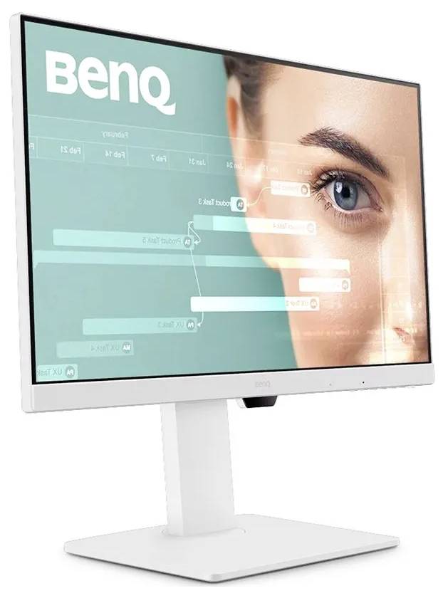 Ein BenQ-Monitor, der eine Nahaufnahme des Auges einer Frau mit einer Zeitleisten-Grafik verbindet.