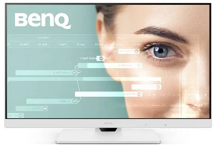 Ein BenQ-Computermonitor zeigt den teilweisen Ausschnitt eines Frauengesichts mit überlagerten Datenflussdiagrammen und technischen Elementen.
