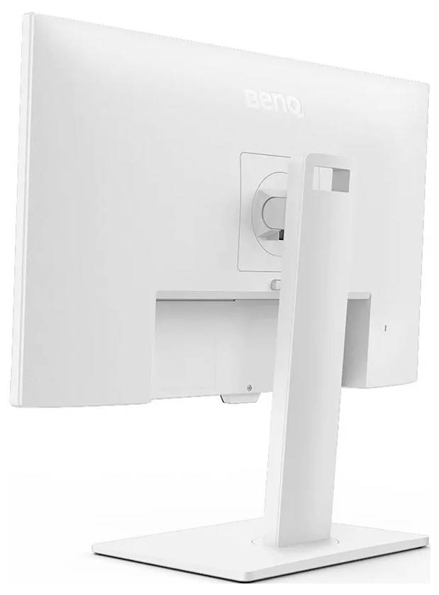 Ein weißer Computermonitor, von hinten betrachtet, zeigt seinen Ständer und Befestigungsbereich. Der Markenname ist oben sichtbar.