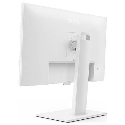 Ein weißer Computermonitor, von hinten betrachtet, zeigt seinen Ständer und Befestigungsbereich. Der Markenname ist oben sichtbar.