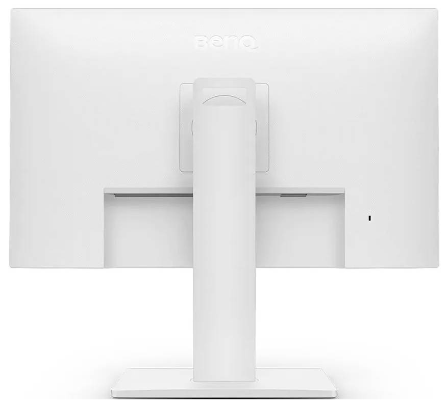 Ein weißer Computermonitor, von hinten betrachtet, mit einem einfachen, minimalistischen Design.