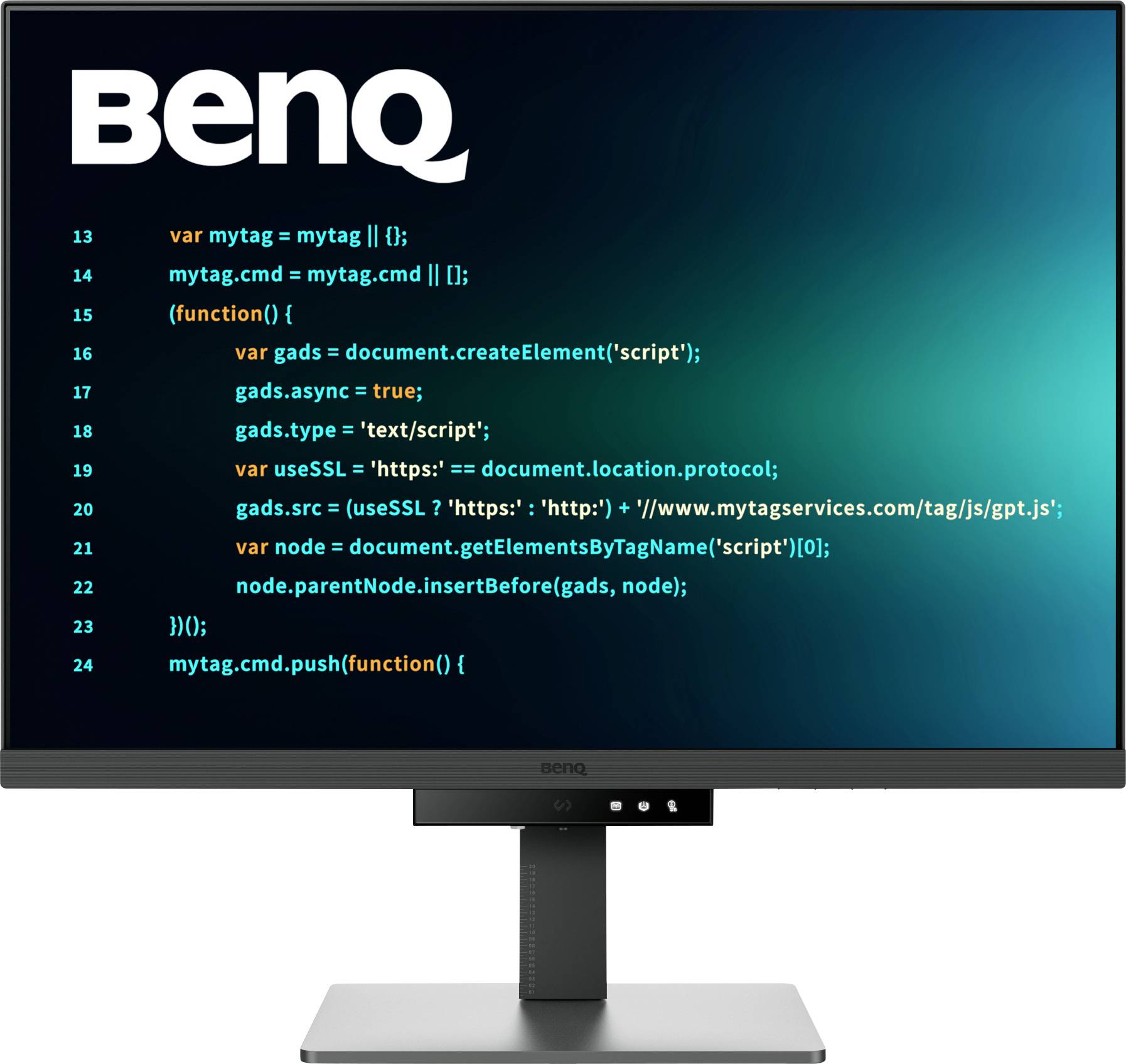 Ein Monitor, der einen Bildschirm mit JavaScript-Code zeigt. Auf dem Bildschirm steht "BenQ" oben, darunter verschiedene Code-Variablen und Funktionen.
