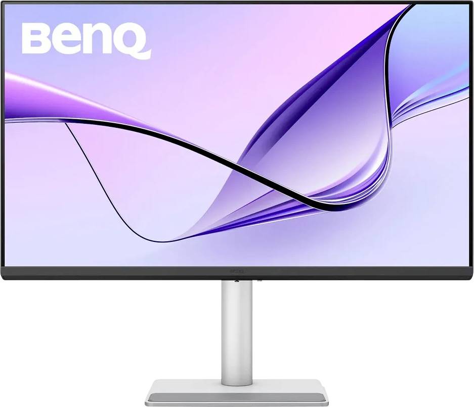 BenQ-Monitor mit elegantem Design, ausgestattet mit schmaler Blende und silbernem Ständer. Das Display zeigt ein dynamisches Wellen-Muster in Lila und Rosa.