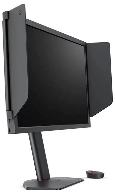 Ein schwarzer Computermonitor mit Sichtschutzblenden an den Seiten, auf einem Ständer montiert, aus einem Seitenwinkel betrachtet.