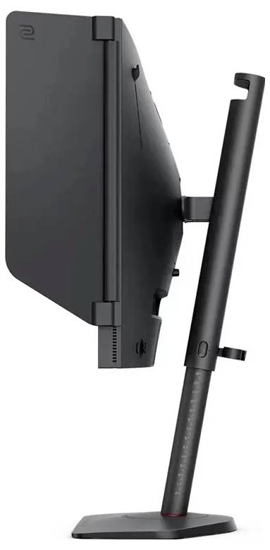 Eine Seitenansicht eines schwarzen Computermonitors, der an einem verstellbaren Ständer mit integriertem Kopfhörerhaken befestigt ist und für ergonomische Nutzung konzipiert wurde.