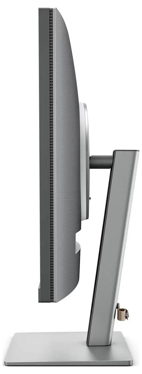 Seitenansicht eines silbernen Computermonitors auf einem Ständer, der sein schlankes Profil und modernes Design präsentiert.