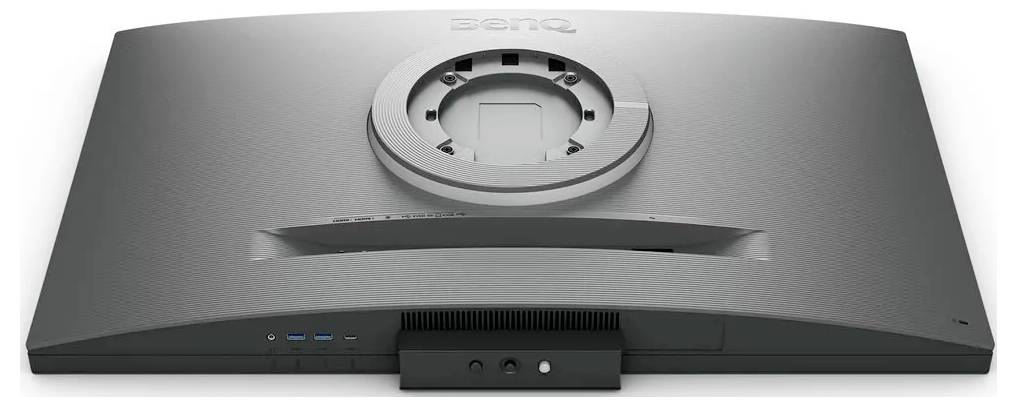 Ein flacher Computermonitor, von hinten betrachtet, mit Anschlüssen und Befestigungsbereich, mit einer strukturierten Oberfläche und einem Markenlogo oben.