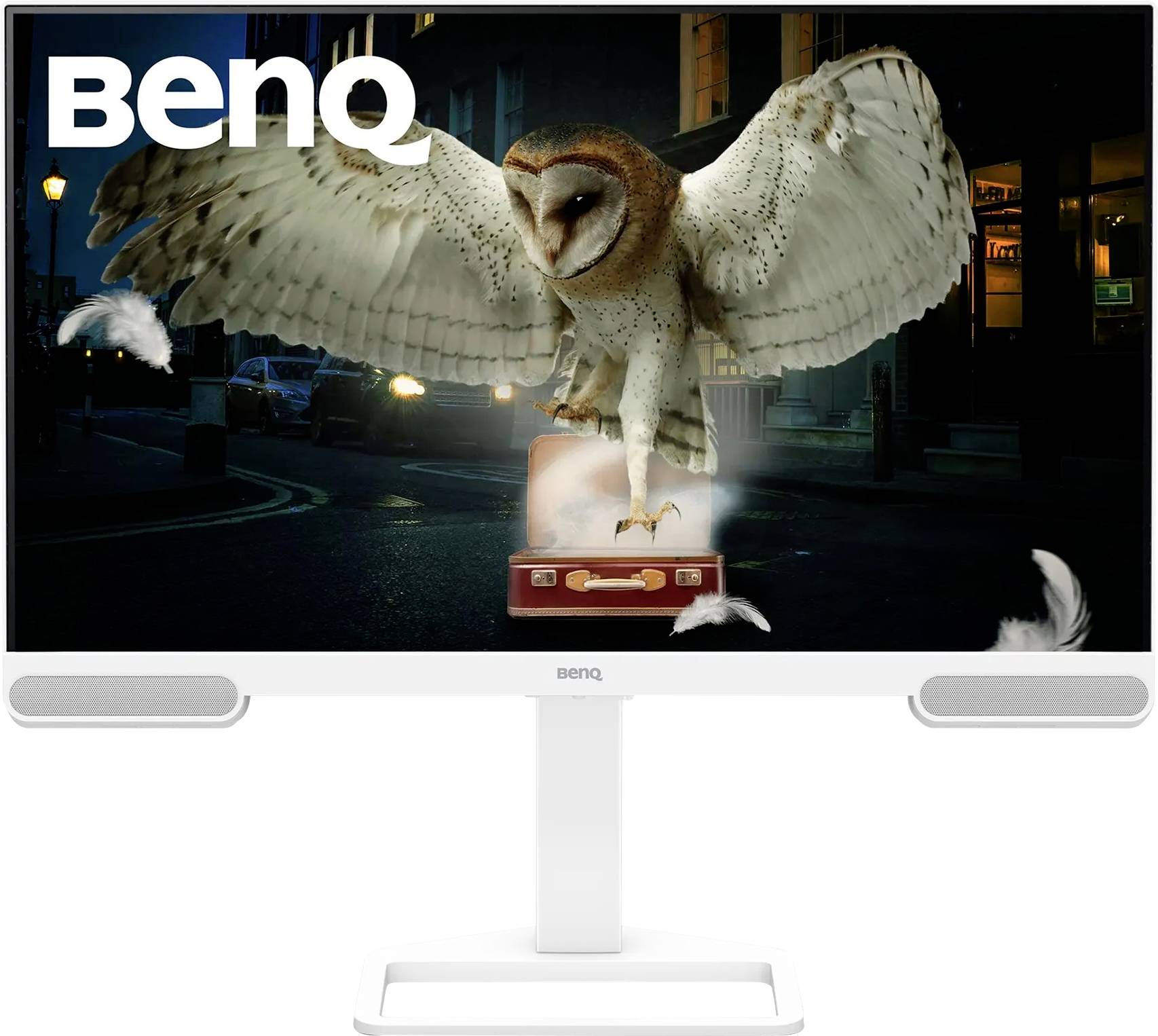 Eule landet auf Koffer auf Straße bei Nacht, mit Leuchteffekt. BenQ-Logo oben links. Monitoranzeige betont lebendige Bilddarstellung.