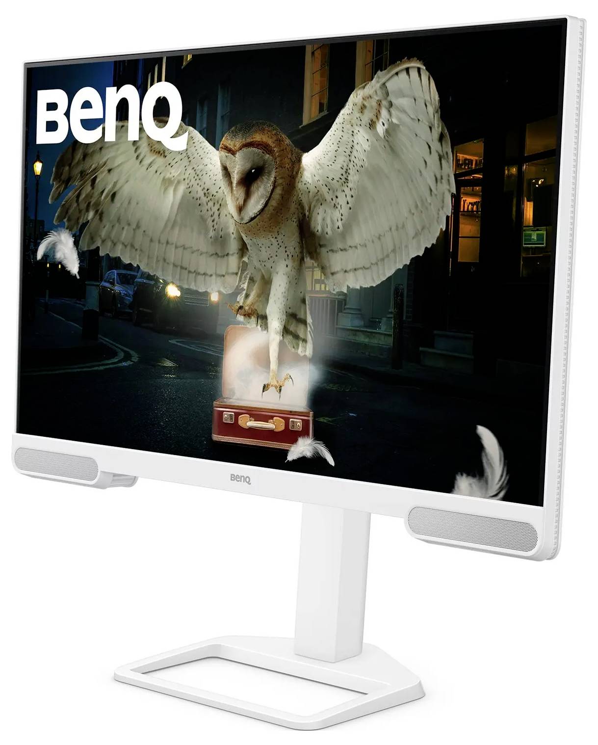 Ein BenQ-Monitor, der eine Eule mit ausgebreiteten Flügeln zeigt, die einen Koffer trägt, vor einer dunkel beleuchteten Straßenszene im Hintergrund.