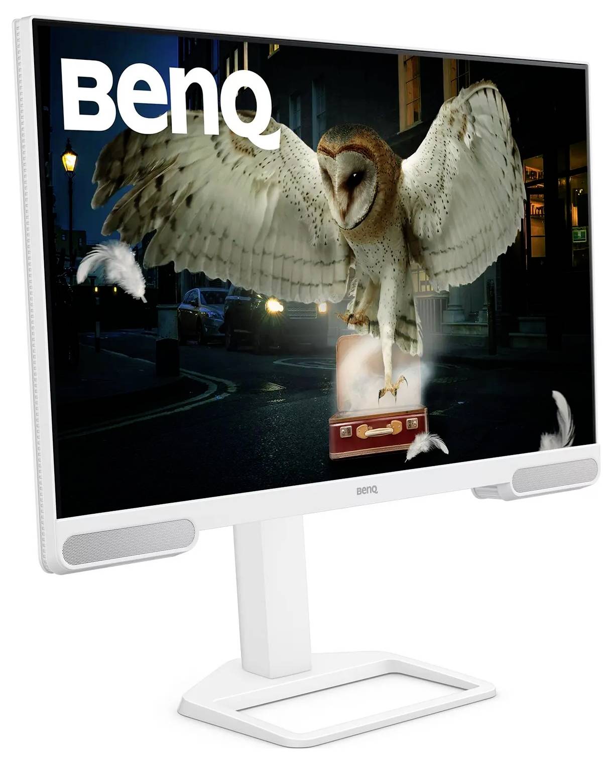 Ein Monitor zeigt eine Eule mit ausgebreiteten Flügeln, die über einem Koffer fliegt, mit Federn, die umherschweben. Der Markenname 'BenQ' ist auf dem Bildschirm sichtbar.