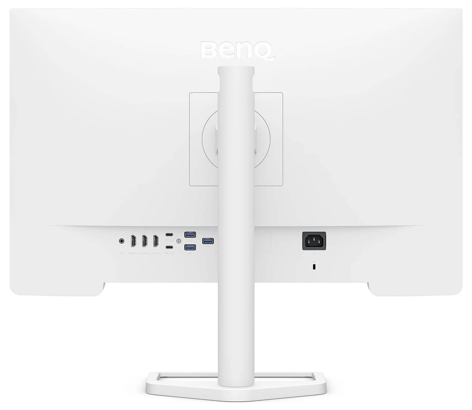 Rückansicht eines Monitors der Marke 'BenQ' mit Anschlüssen, Ständer und Stromanschluss.