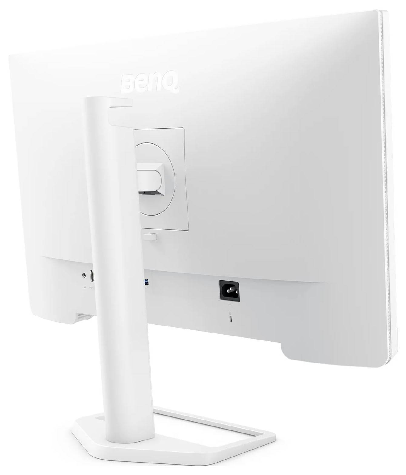 Rückansicht eines weißen BenQ-Monitors mit Ständer, die Anschlüsse und Kabelmanagement-Funktionen zeigt.