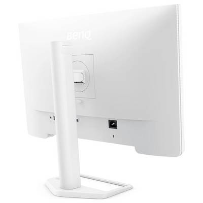 Rückansicht eines weißen BenQ-Monitors mit Ständer, die Anschlüsse und Kabelmanagement-Funktionen zeigt.
