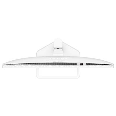 Gebogener weißer Computermonitor, von hinten betrachtet, mit einem einfachen Ständer und Belüftungsdesign.