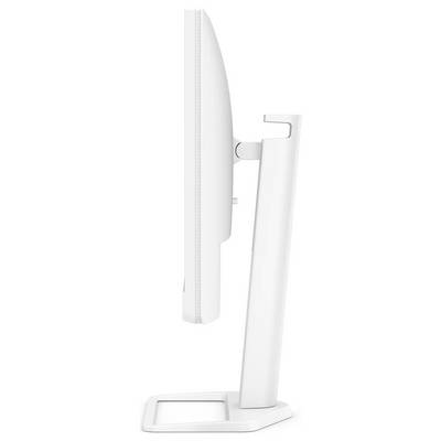 Seitenansicht eines weißen Computermonitors auf einem Ständer, der seine schlanke Silhouette und ergonomischen Höhenverstellungsmöglichkeiten präsentiert.